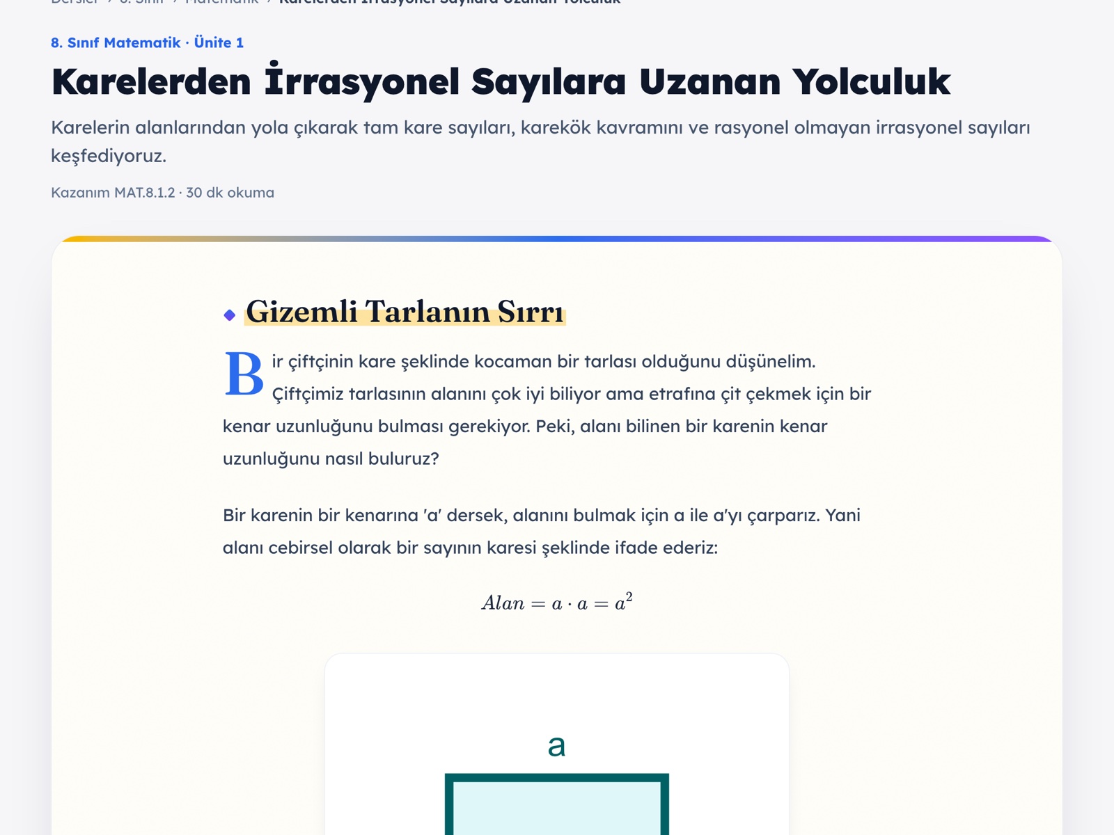 Onlinekolej'de bir 8. sınıf matematik konu anlatımı: Karelerden İrrasyonel Sayılara Uzanan Yolculuk