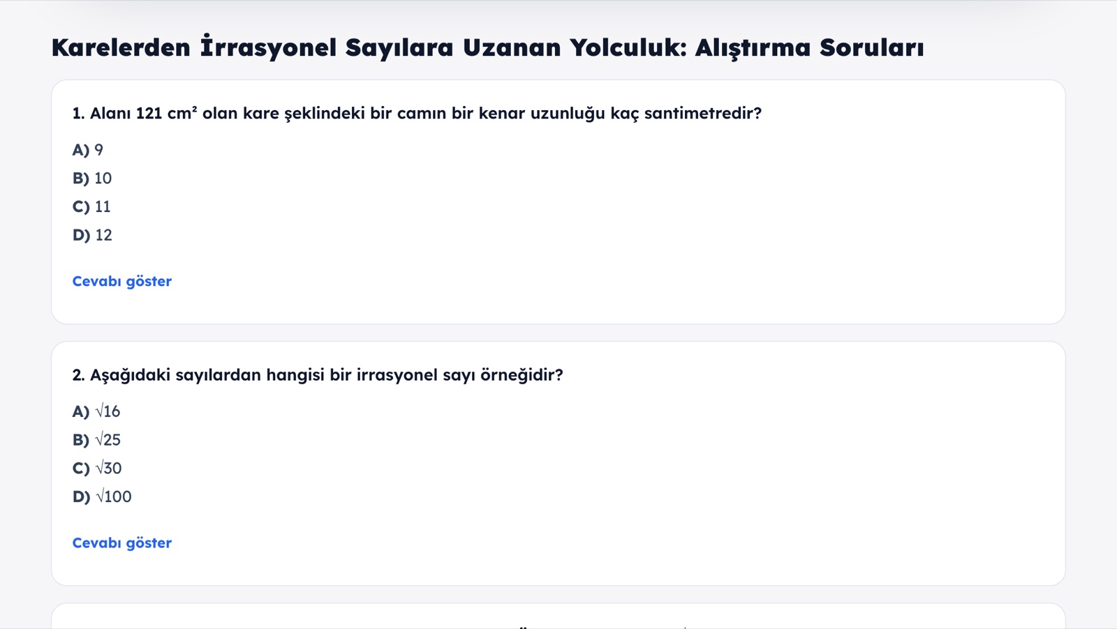 Bir konu anlatımının sonundaki alıştırma soruları